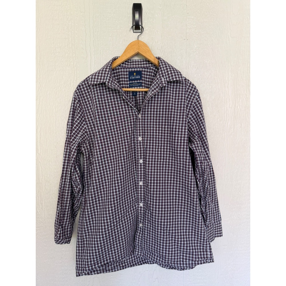 Stafford Travel Performance Super Shirt Mens 16 32-33 Plaid Button Down Navy Red